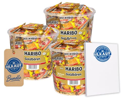 HLKauf Bundle große Auswahl Minibeutel Süßigkeiten & Notizblock (Goldbären Minibeutel 3 Dosen + 1 HL Kauf Block)