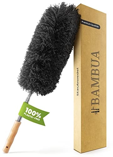 BAMBUA Staubwedel Teleskop - Effektiver Staubfänger mit speziellen Mikrofaser - Bambusgriff - Hergestellt aus Moso-Bambus - Premium Staubwischer für nachhaltige Reinigung (140 cm)