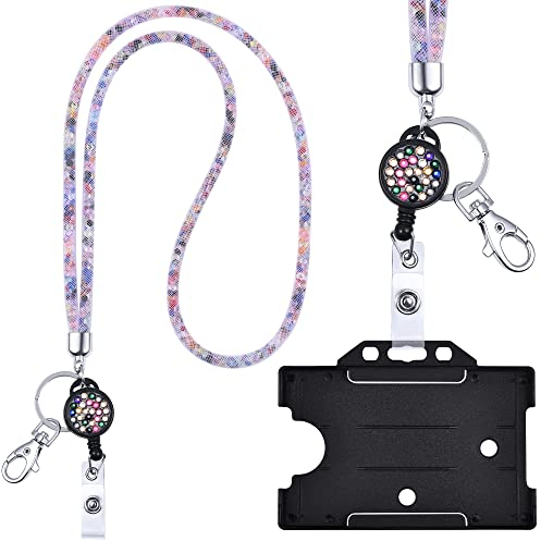 Kristall Lanyard weiß/BUNT mit Ausweis Jojo + ID Kartenhalter schwarz Halskette Schlüsselband mit glitzernden Strasssteinchen Umhängeband