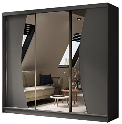 ALTDECOR Kleiderschrank mit Spiegel und Schiebetüren, kugelgelagerte Führungsschienen und Aluminium-Leisten - VOXI - 240 cm Grau