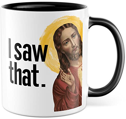 Jesus Tasse Meme Geschenkidee HUmor Kaffeetasse mit lustigen Spruch Geschenk für Kollege Kaffeebecher Christus Peeking Becher (Weiß & Schwarz)