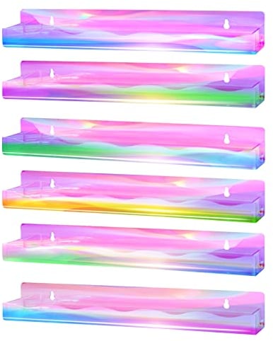FFowcye 6-teiliges Acryl Regenbogen Nagellack Aufbewahrung Wandregal, 15-Zoll Schillerndes Nagellackregal Wand, Wandhalterung für Farben, Tätowierfarben, Ätherische Öle, Make-up, Parfüm