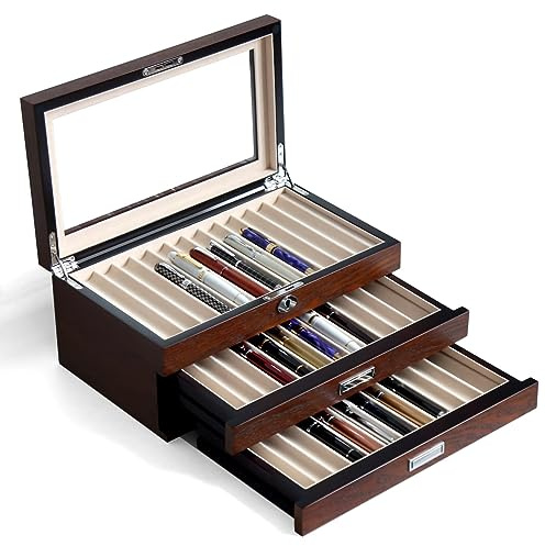 Bonaking Pen Display Case with 36 Pen Slots, Fountain Pen Case, Wood Pen Storage Organizer, Pen Box Display for Men Gift, Pen Collector with Glass Window(Brown ash Veneer Finish, Creamy-White Velvet)