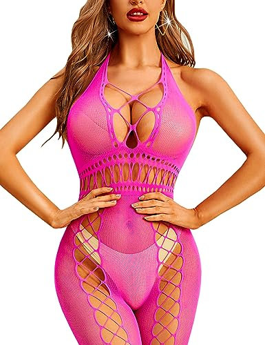 RSLOVE Lingerie Sexy pour Femme Body en Résille Bodystocking en Maille Tenue Féminine Rose Taille Unique