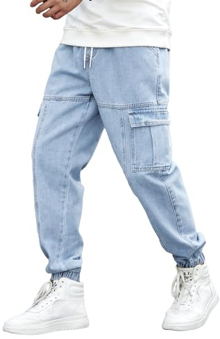 OYOANGLE Men's Drawstring Waist Flap Pocket Jogger Cargo Pants Carrot Denim Jeans with Pocket Light Wash Small
