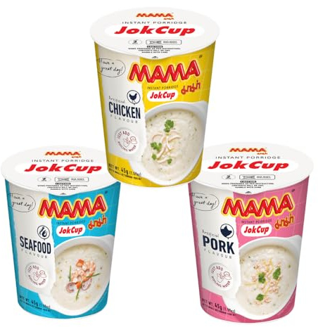 MAMA JOK CUP Thai Instant Cup Rice Porridge Soup - Chicken, Pork, Seafood Flavour Instant Congee 45g (Pack of 3)