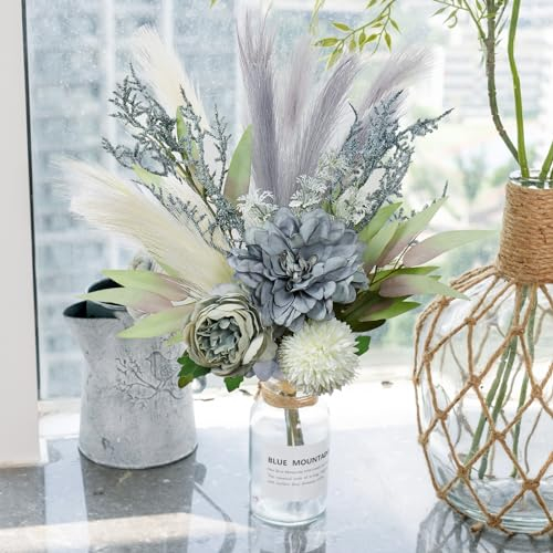 Weldomcor Kunstblumen wie Echt Künstlich Seidenblumen 42cm Künstliche Hortensie Blumen Braut Hochzeitssträuße für die Küche zu Hause Garten Party BüroDekor (Lila Weiß)