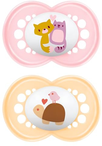 MAM Original Schnuller 16+ Monate (2er-Set) MAM Schnuller 16 36 Monate mit kiefergerechtem Sauger aus Kautschuk, 2er-Set Babyzubehör mit praktischem Sterilisator-Schnullerhalter, Pink/Orange