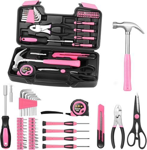 HANGYING 39 Piece Pink Tool Set for Women, All Purpose Household Hand Tool Kit with Plastic Storage Box, Small Tool kit for Home Garage Office College Dorm