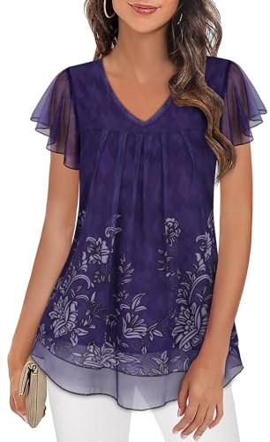 Syphiby Plus Size Chiffon Tops Ladies Evening Tops Short Sleeve Summer Tops for Women UK Mesh Sheer Chiffon Blouse Elegant Pleated Front Top for Casual Summer Vacation Clothes Loose Fitting Shirts