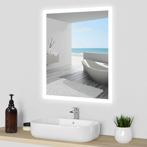 Acezanble 500 X 700 mm Illuminated LED Bathroom Mirror with Shaver Socket, Wall Mounted Smart Bathroom Vanity Mirror with Demister Wall Touch/Swithc Touch Energy-Saving Multifunction Mirror