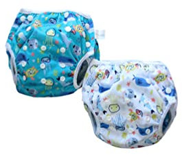 Lot de 2 couches de bain unisexes réutilisables pour bébé : entièrement réglables et lavables en machine : convient pour garçons ou filles (0 à 12 mois)