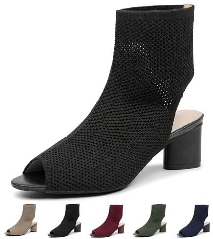 Zeberfi Women's Knit Peep Toe Slingback Chunky Heel Ankle Boots Open Pointed Toe Hollow Heeled Sandals Summer Casual Slip On Dress Sock Booties (Black,8.5,8.5)