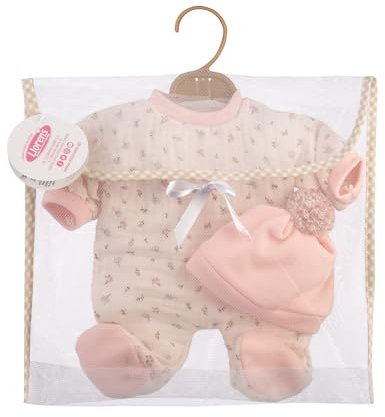 Llorens 1063210 Puppenkleidung für 32cm Puppen, beiges Pyjama Set mit Blümchen, Puppenschlafanzug mit rosa Schlafmütze, Puppenzubehör