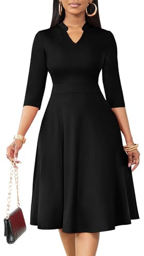 Nmoder Casual Dresses for Women Semi Formal Fit and Flare Dresses 3/4 Sleeve A-line Church Work Dresses with Pockets, Black, L
