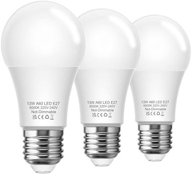 Flaspar E27 Screw Bulb 100W Equivalent, Cool White 6000K, 1200lm Super Bright E27 Edison Screw Bulb, 13W Standard A60 LED GLS Bulbs, Non-Dimmable, Pack of 3