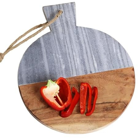 Grey Marble & Wood Board 32cm Round Acacia Kitchen Chopping Cutting Serving Display