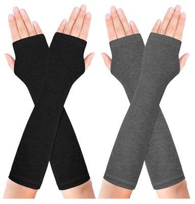 Becellen 2 Paar Lange Armstulpen, Thermo Gestrickte Fingerlose Handschuhe Warm Winterhandschuhe Dehnbar Handstulpen Pulswärmer mit Daumenloch Über für Damen Herren