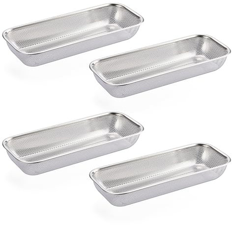 SUMNACON 4 Pcs Stainless Steel Storage Drain Basket Cup Lid Organizer, Rectangle Hole Kitchen Utensil Storage Organizer Dishwasher Silverware Holder Rack Chopsticks Spoons Drying Basket