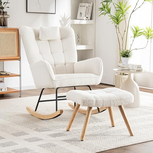 BTM Rocking Chair for Nursery, Rocking Chair with Footstool, Horizontal Tufted Single Recliner for Living Room Bedroom Office, Grey