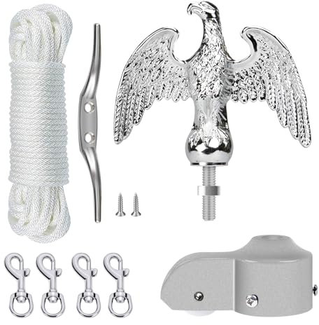 NQ Fahnenmast Zubehör Set mit Adler,Fahnenmast Reparaturset,Fahnenmast-Reparaturteile inkl.Adler,Seil,Karabiner, Klampe,Topper aus Aluminium mit Seilrolle(Silber)