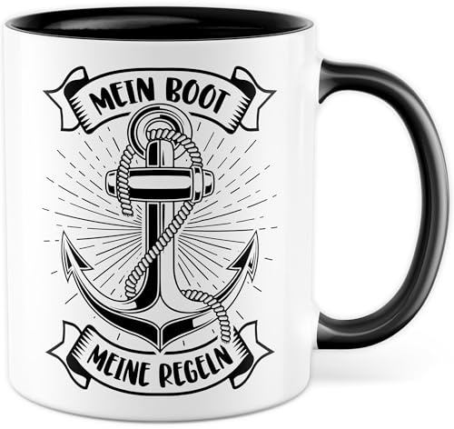 Bootsbesitzer Tasse mit Spruch - Geschenk Mein Boot Meine Regeln - Kaffeetasse aus Keramik 330ml - Geschenkidee Kaptiän Hobby Bootsliebhaber Schiff Schifffahrt Kaffee-Becher