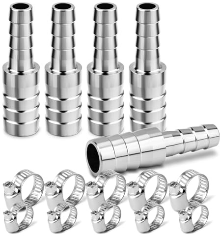 ERGAOBOY 5 Pz Raccordo Portagomma Ridotto in Acciaio Inox 304, Adattatore per Tubi da 14mm a 8mm Giunzione a Resca con Fascette Stringitubo per Acqua, Carburante, Aria, Liquido Refrigerante