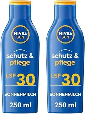 NIVEA SUN Schutz & Pflege Sonnenmilch LSF 30 (250 ml), Sonnencreme für 48h Feuchtigkeit, sofortiger Sonnenschutz vor UVA-/UVB-Strahlen (Packung mit 2)
