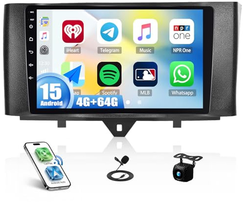 4G+64G CAMECHO Android 15 Autoradio 2Din für Mercedes Benz Smart Fortwo W451 2011-2015 mit Carplay Android Auto, 9 Zoll Touch Bildschirm mit Mirror Link Bluetooth GPS WiFi FM/RDS EQ SWC Rückfahrkamera