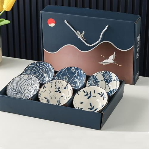 6Pcs Japanese Ceramic Rice Bowls,Blue and White Dipping Bowls Soy Sauce Dish Small Ceramic Bowls Ideal for Sauces Snacks and Party Food Unique Floral Design Kitchen Tableware,300ml/10 Oz
