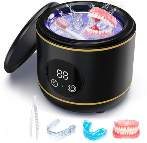 Padonco Ultrasonic Retainer Cleaner, 45kHz Ultrasonic Denture Cleaner Machine with UV-Light, Portable Ultrasonic Cleaner for Aligner, Mouthguard (Black)