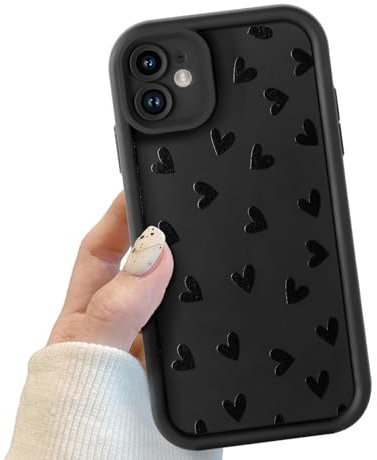 Black Cute Heart Phone Case for iPhone 12, Cute Cool Heart Pattern Shockproof Bumper Phone Case for Women Girls, Soft TPU Slim Girly Cute Protective Cover for iPhone 12