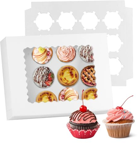 PanBeiQi 10 STK 12 Löcher Cupcake Boxen, Muffin Transportbox, Cupcake Transportbox, Weiße Muffin Box Kartonbox mit transparentem Sichtfenster für Cup Cake Transportieren Träger Tortendekorieren