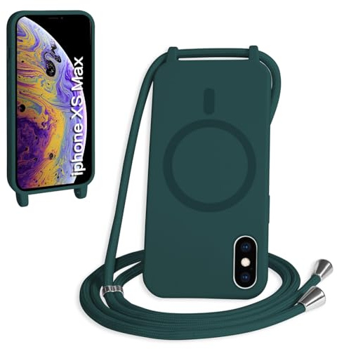 FMPCUON Magnetisch Handykette für iPhone XS Max Hülle,Necklace Hülle mit Bands Handyhülle für zum Umhängen Kordel,kompatibel mit Magsafe Silikon Case mit Handykordel,Grün
