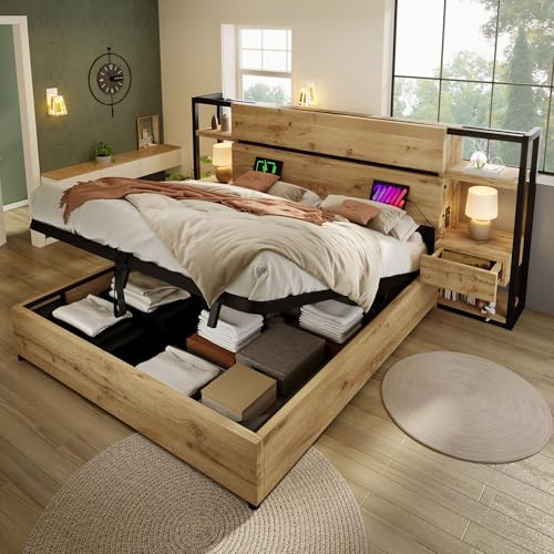 GigaXynium letto in legno, matrimoniale, idraulico, testiera con cassetti e porta ricarica USB & Type-C, telaio con doghe in legno, colore rovere (180 x 200 cm, senza