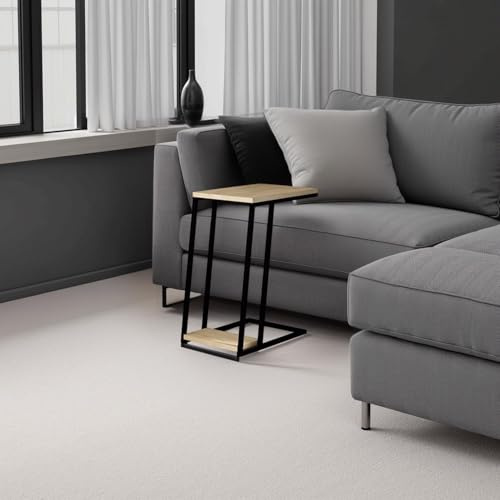 FWStyle 2 Tier Modern Oak Sofa/End Table – C-Shaped Side Table with Scratch-Resistant Melamine Top & Metal Frame – Small Coffee Table for Living Room, Sofa Side or Bedside