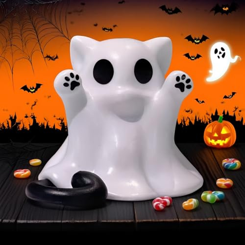 Norhogo 1pcs Niedliche gruselige Figuren, Weiße Geisterkatze für Halloween | Niedliches Geisterskulptur Deko, einzigartige Katzengeister-Figuren für gruselige Innen- und Außendekorationen