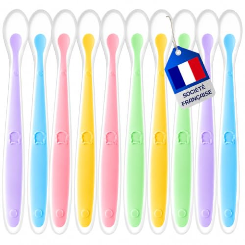 Cuillere Bebe 1er Age (10 Pièces) Cuillère Bébé en Silicone Souple | [Société Française] Cuillère Incurvée Pour Les Repas de Bébé de Plus de 1 Mois - Qualité Garantie