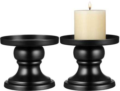 Zerodeko Black Pillar Candle Holders Set of 2 Metal Candle Holder for Home Tabletop Decor Wedding Xmas Party Dinner Table Centrepiece 3.15 X 2.76 X 2.56 in