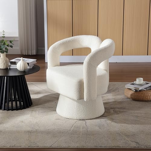 OKMYHOME Sessel – 360° drehbarer Sessel mit gepolsterter Sitzfläche aus Schlaufenstoff, Rahmen aus Holz und Metall, Belastung 150 kg, 67 x 55 x 74 cm, Beige