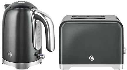 Swan Solace Kitchen Set, 1.7L Rapid Boil Kettle with High Gloss Finish and 930W 2-Slice Toaster with 7 Browning Levels, Graphite with Chrome Trim, SK19026GRP & ST19031GRP