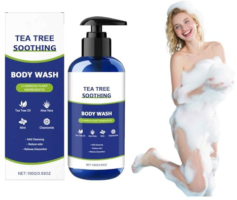 Árbol de té y menta Body Wash para hombres y mujeres, gel de ducha hidratante con aloe, eucalipto y aceite de jojoba, jabón hidratante para pieles sensibles, uso diario, 100 g (1 unidad)