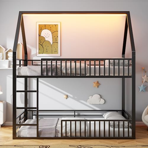 Zravenna Hausbett Hochbett Etagenbett 140x200 mit Dach und Zaun, Kinderbett Haus mit Leiter, stabiles Metallbett mit Flexibler Raum darunter, für Kinder und Jugendliche (Schwarz, 140cm*200cm)
