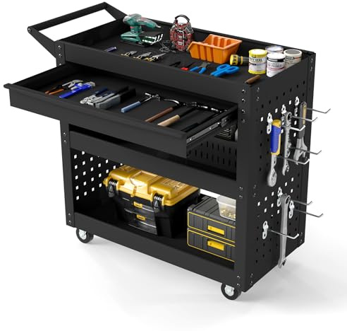COSTWAY 3-Tier Tool Trolley on Wheels, Lockable Metal Mechanic Tool Cart with Drawer, 2 Pegboards, 8 Hooks & Handle, Rolling Utility Service Trolley for Workshop Garage Kitchen, 210KG Load (Black)