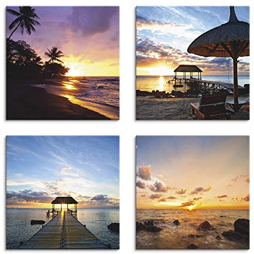 ARTLAND Wanddeko Strandbilder Leinwand Bilder Set 4 tlg. je 40x40 cm Quadratisch Wandbilder Landschaft Sonnenaufgang Meer Strand Steg Sonne K1PH