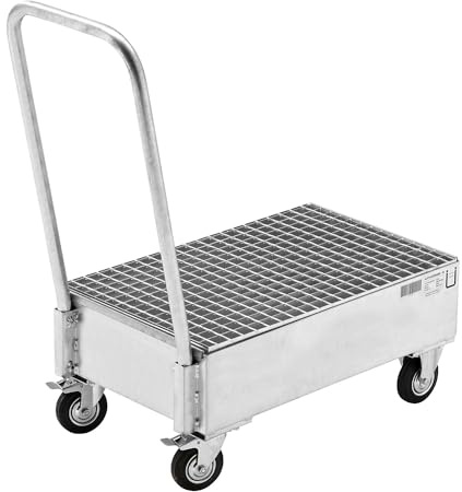 eurokraft basic | Fahrbare Auffangwanne aus Stahlblech | LxB 800 x 500 mm, 2 x 60-l-Fass stehend, feuerverzinkt