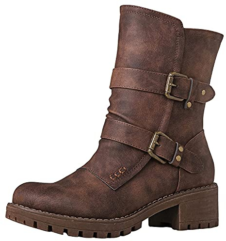 GLOBALWIN Lace up Mid Calf Motorcycle Fashion Festival Boots Combat Riding Military Boots for Women Brown Size 8