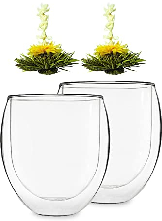 Feelino 2X Teetasse Aus Glas Doppelwandig, 320Ml Doppelwandige Teegläser, Teeglas Spülmaschinenfest, Thermo-Teegläser, Tee Gläser Mit Schwebeeffekt