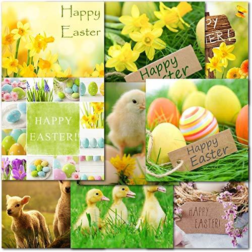 doodlecards Pack of 10 Mixed Easter Cards. Multipack Daffodils, Flowers, Chicks, Lambs, Eggs Square Cards with Envelopes.100% Recyclable. Made in the UK.