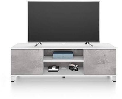 Mobili Fiver, Mobile Porta Tv Rachele, Bianco Frassino e Cemento, 150 cmx42 cmx48 cm, Mobile Tv moderno per tv fino a 65'', Made in Italy